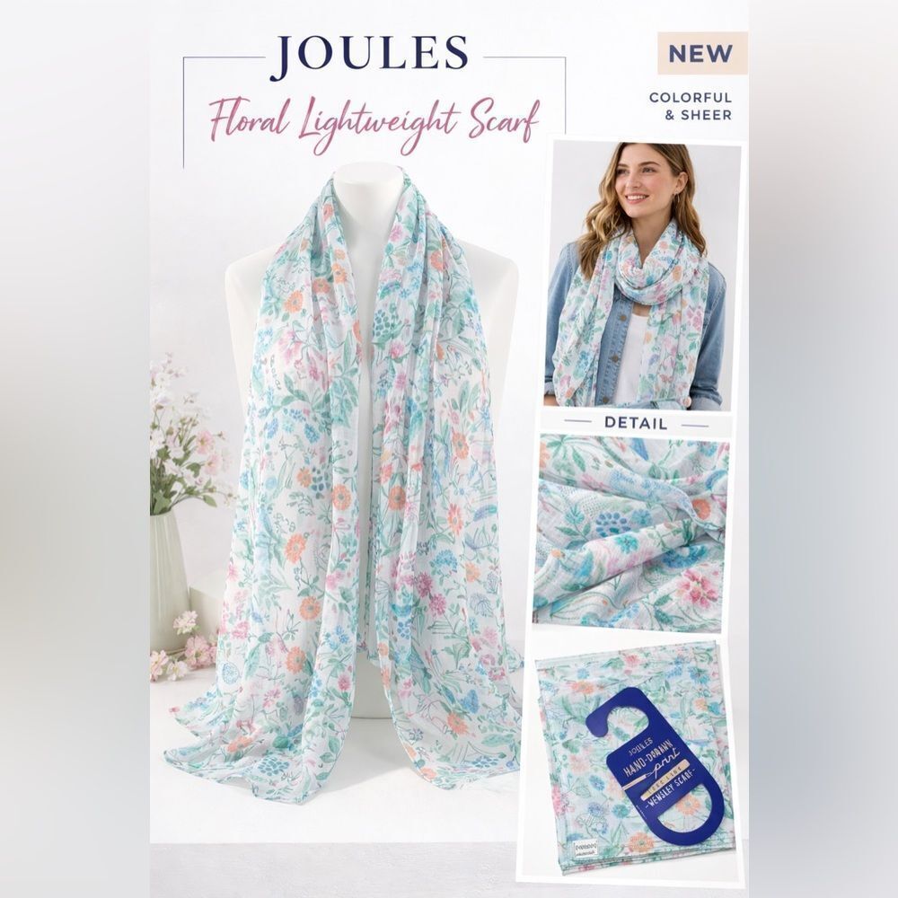 Joules Hand Drawn Floral Wensley Long Line Scarf Lightweight Women NWT